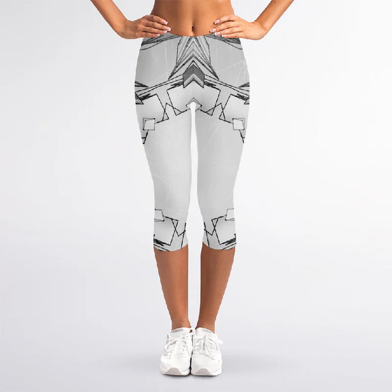 White Kaleidoscope Print Women's Capri Leggings Stylish Side-Stripe Leggings
