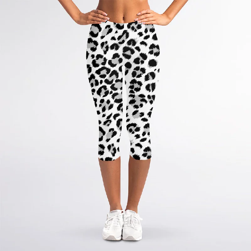 White Leopard Print Women's Capri Leggings Comfortable Sports Performance Tights