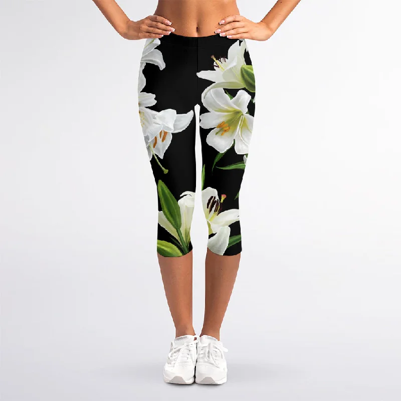 White Lily Print Women's Capri Leggings Stylish Capri Leggings