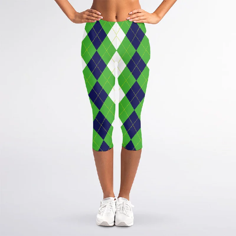 White Navy And Green Argyle Print Women's Capri Leggings Comfortable Tummy Shaping Leggings White Navy And Green Argyle Print Women's Capri Leggings Comfortable Tummy Shaping Leggings