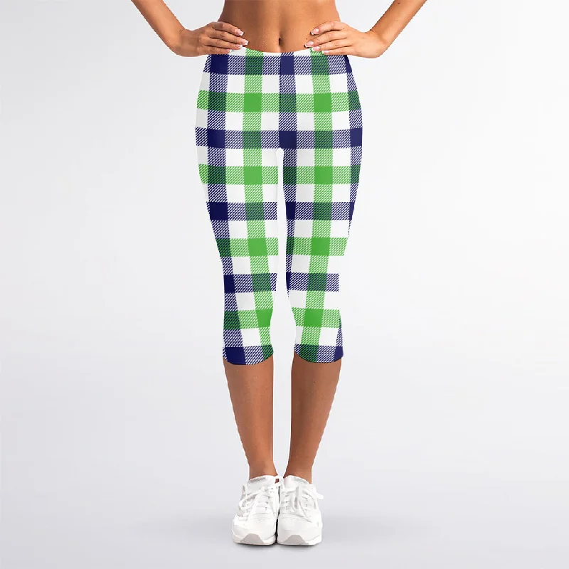White Navy And Green Plaid Print Women's Capri Leggings Fashionable Embroidered Detail Leggings White Navy And Green Plaid Print Women's Capri Leggings Fashionable Embroidered Detail Leggings
