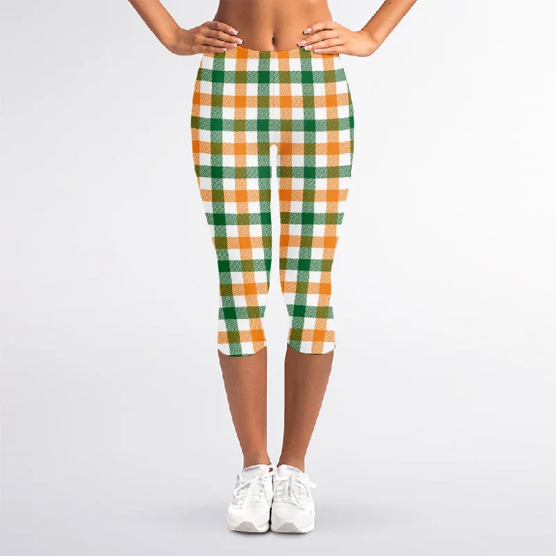 White Orange And Green Plaid Print Women's Capri Leggings Stylish Stretch Print Leggings White Orange And Green Plaid Print Women's Capri Leggings Stylish Stretch Print Leggings