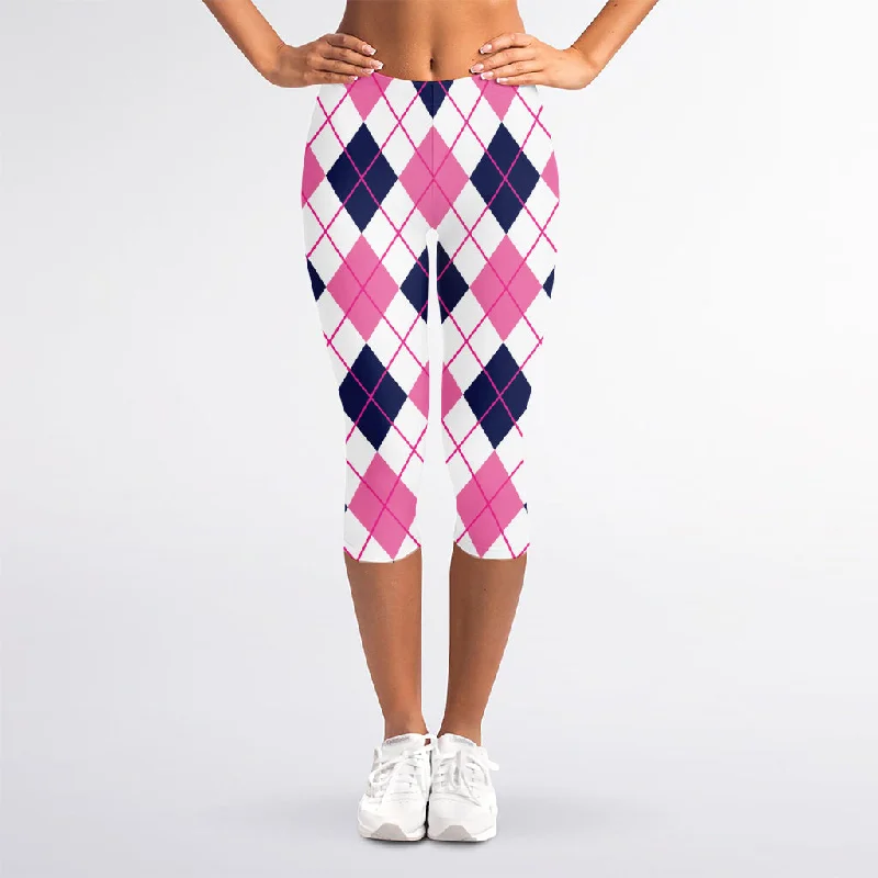 White Pink And Blue Argyle Pattern Print Women's Capri Leggings Comfortable Classic Yoga Leggings
