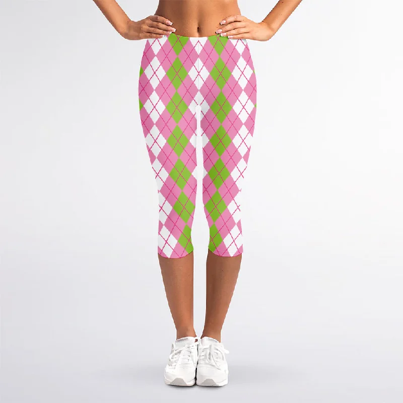 White Pink And Green Argyle Print Women's Capri Leggings Fashionable Smooth Fit Leggings White Pink And Green Argyle Print Women's Capri Leggings Fashionable Smooth Fit Leggings