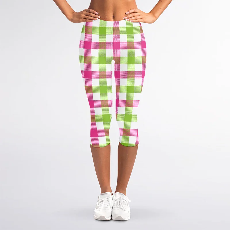 White Pink And Green Buffalo Plaid Print Women's Capri Leggings Comfortable Cold Weather Leggings White Pink And Green Buffalo Plaid Print Women's Capri Leggings Comfortable Cold Weather Leggings