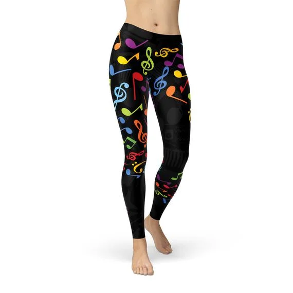 Womens Colorful Music Notes Leggings Trendy Mesh Leggings