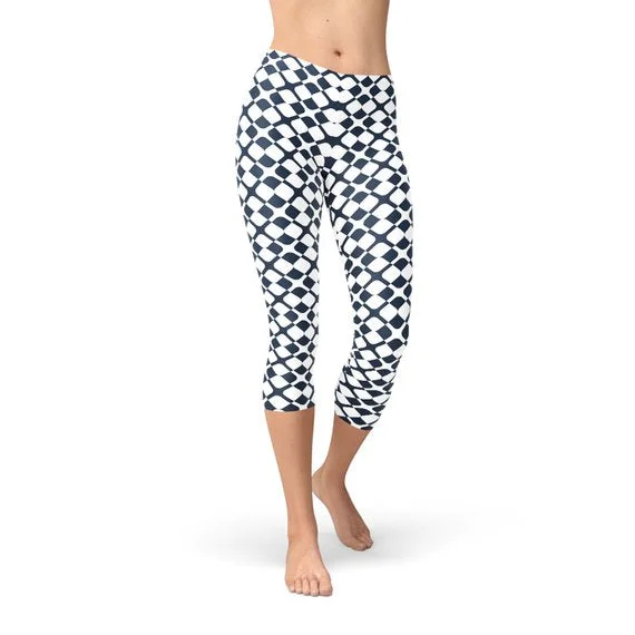 Womens Geometric Blue Tile Capri Leggings Stylish Faux Leather Leggings