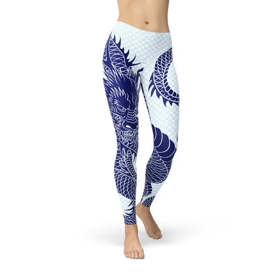 Womens Japanese Dragon Leggings Elegant Printed Leggings with Pockets