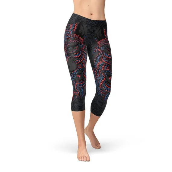 Womens Oriental Black Wolf Capri Leggings Stylish Patterned Active Leggings