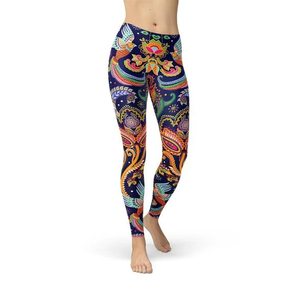 Womens Ornamental Blue Paisley Leggings Casual Sporty Leggings