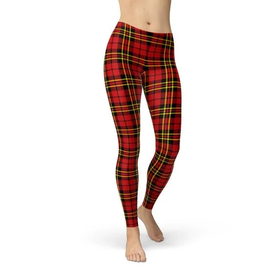 Womens Red Plaid Tartan Leggings Comfortable Slip-On Compression Leggings