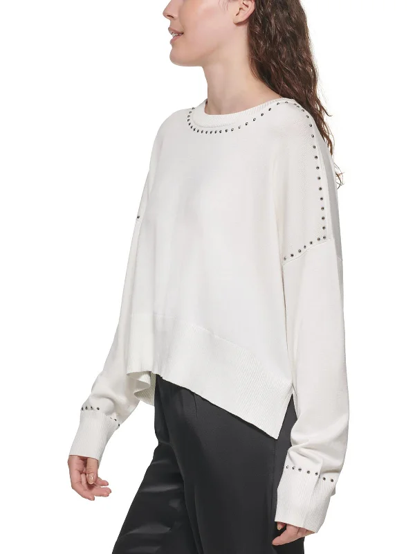 Womens Studded Crew Neck Pullover Sweater Chenille Brocade Lace
