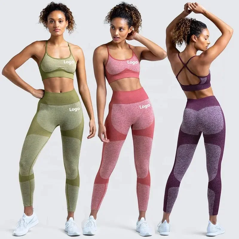 Women Seamless Activewear Fitness Gym Wear Sportswear Crop Top Leggings Yoga bra Set Elegant Satin Finish Leggings