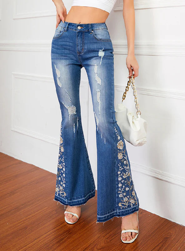 3D EMBROIDERED TROUSERS FLARED JEANS Comfortable Folded Hem Jeans