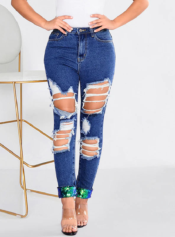 STRAIGHT PAILLETTE BEGGAR BIG HOLES JEANS