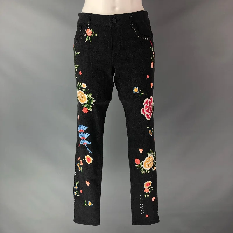 ALICE + OLIVIA Size 4 Grey Multicolour Cotton Blend Embroidered Jeans Trendy Button-Up High-Waist Jeans ALICE + OLIVIA Size 4 Grey Multicolour Cotton Blend Embroidered Jeans Trendy Button-Up High-Waist Jeans