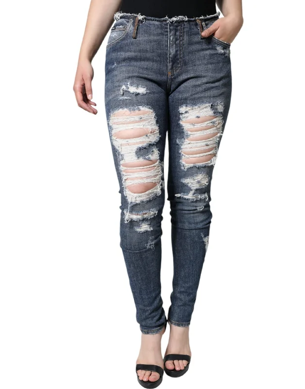 Blue Cotton Stretch Tattered Skinny Jeans Trendy Low-Rise Bootcut Jeans