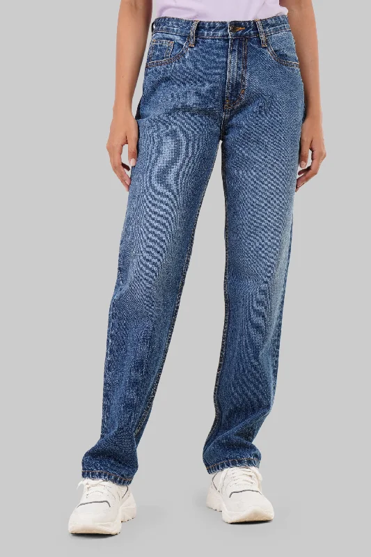 Blue Mid Rise Straight Women Jeans