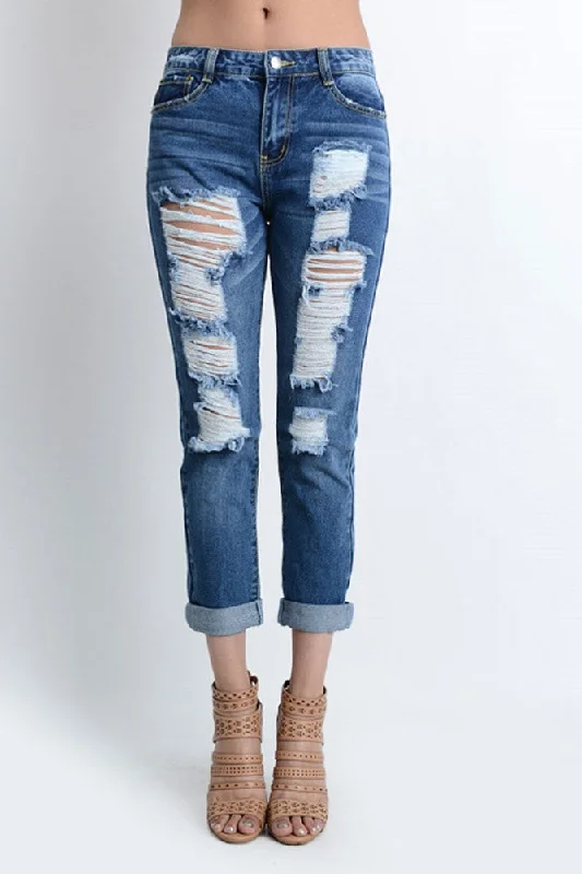 Destroyed Low-Rise Boyfriend Jeans Trendy Wide-Legged High-Waist Jeans