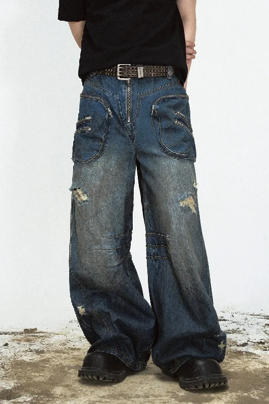 Distressed Stained Wide-Leg Jeans Classic Blue Denim Jeans