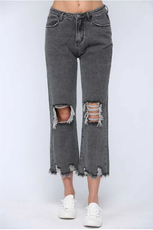 Distressed Straight Leg Jeans Stylish Relaxed Fit Skinny Jeans