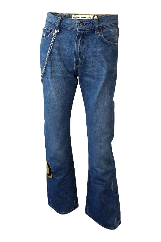 FAKE LONDON Denim Blue Hanging Chain Patchwork Flared Jeans (UK 6) Casual Light Wash Jeans FAKE LONDON Denim Blue Hanging Chain Patchwork Flared Jeans (UK 6) Casual Light Wash Jeans
