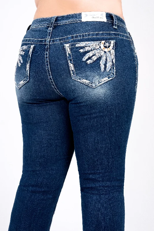 Feather Embroidered Plus Size Bootcut Jeans Stylish Shredded Denim Jeans