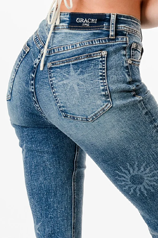 Sun ，Moon & Stars Printting High Waist Flare Jeans