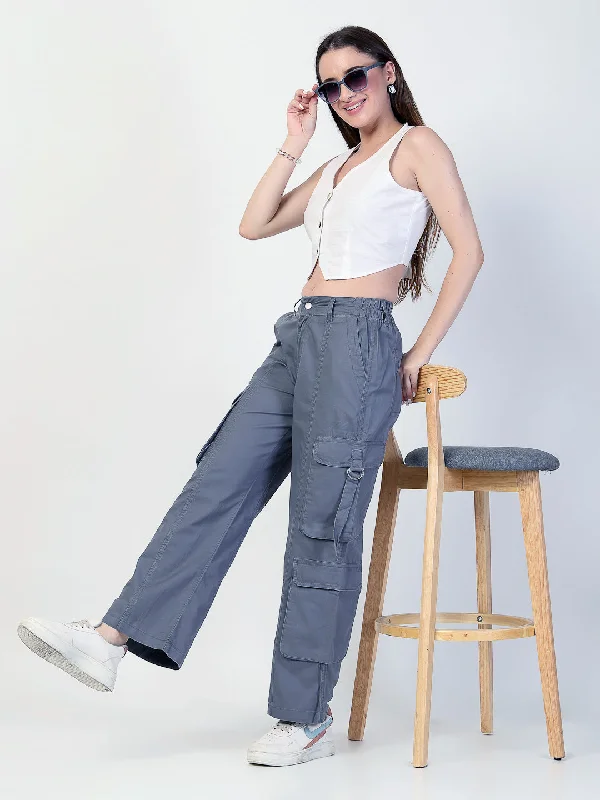 Straight Fit Grey Cotton Cargo Jeans Chic Rolled Cuff Denim Jeans