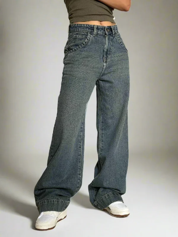 Grey Vintage Washed Wide Leg Baggy Jeans Comfortable Distressed Straight-Leg Jeans