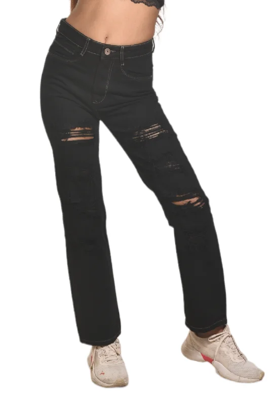 High rise black rugged straight fit jeans Casual Bootcut Ripped Jeans