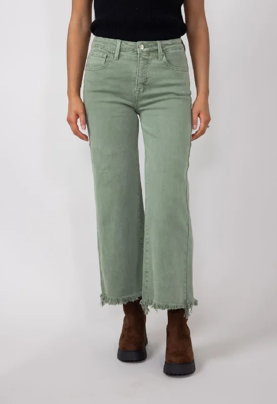 Risen High-Rise Cropped Wide Leg Jeans for Women in Olive | RDP5506-OLIVE Elegant Raw Hem Jeans Risen High-Rise Cropped Wide Leg Jeans for Women in Olive | RDP5506-OLIVE Elegant Raw Hem Jeans