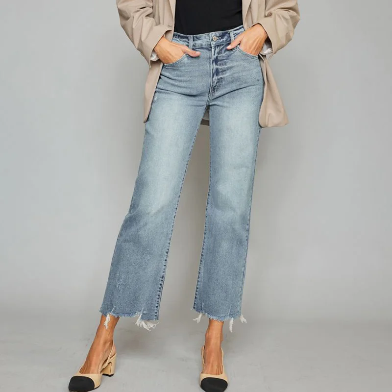 KanCan Women's High Rise Slim Wide Leg Jeans Fashionable Straight Cut Jeans