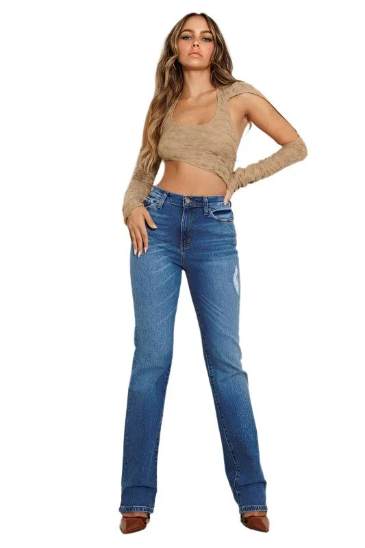 High Rise Subtle Distressed Straight Jeans Comfortable Low-Rise Jeans