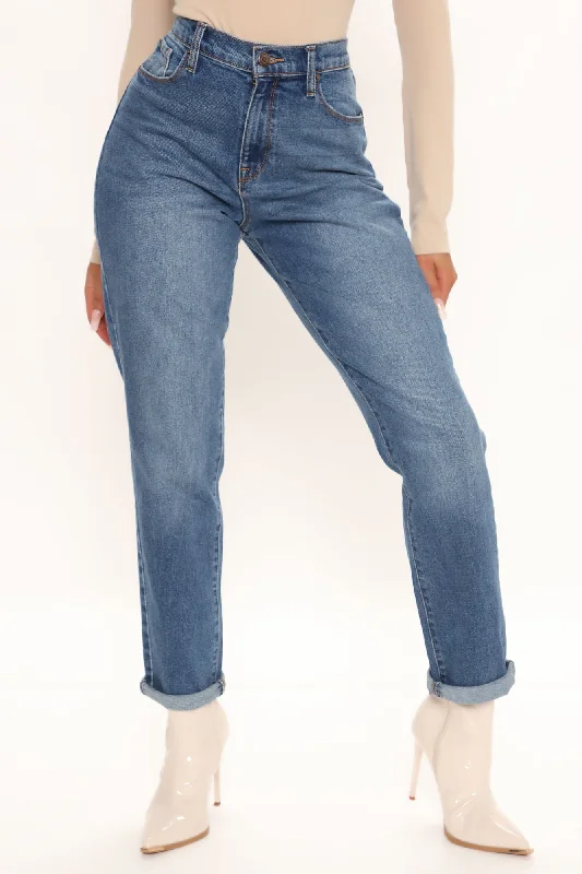 Hometown Cutie Mom Jeans - Medium Blue Wash Chic Rip-Detail High-Waist Jeans