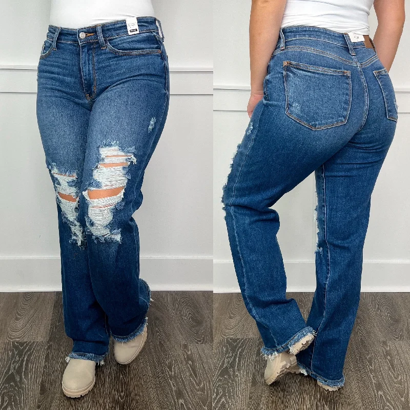 Judy Blue Harmony Distressed Mid Rise Fray Hem Medium Wash Dad Jeans Fashionable Button-Front Jeans