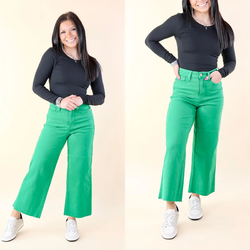 Judy Blue | Sign Me Up Tummy Control Cropped Wide Leg Jeans in Kelly Green Trendy Paperbag Waist Jeans