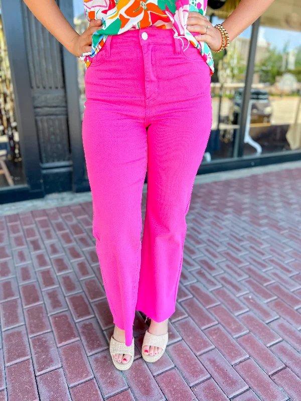 [Judy Blue] The 90's Straight Jeans-Hot Pink Stylish Stone-Wash Denim Jeans