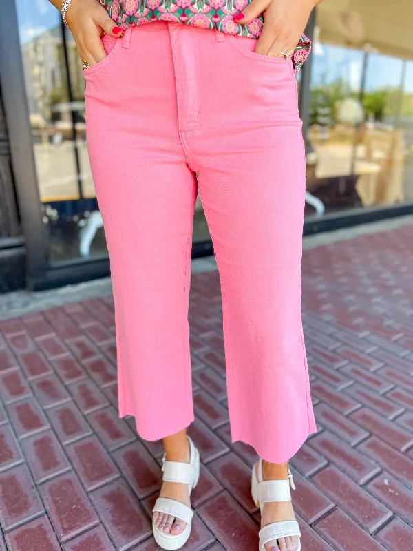 [Judy Blue] The Elsa Tummy Control Crop Jeans-Pink Comfortable Faded High-Rise Jeans