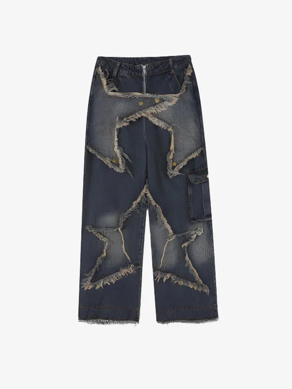 KG Puffed Distressed Star Jeans Elegant Wide-Leg Jeans
