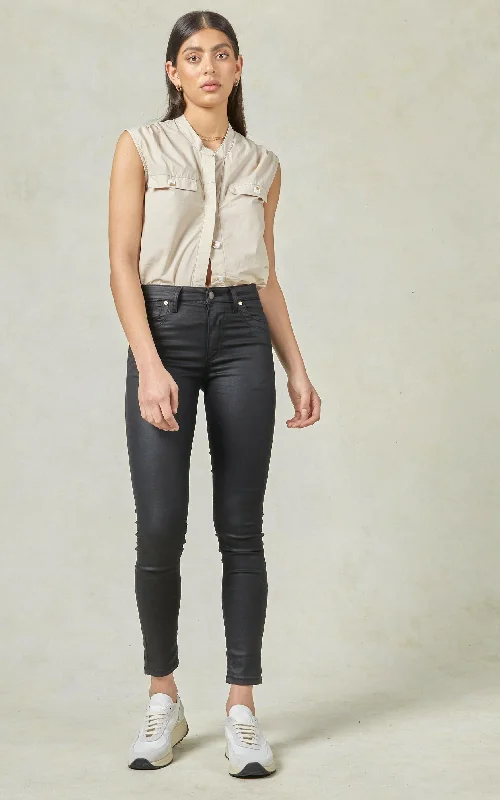 Lauren Mid Rise Coated Black Jeans Cozy Relaxed Fit Jeans