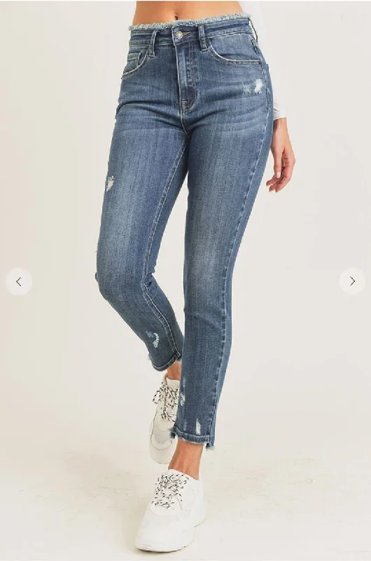 Mid Rise Skinny Frayed Waist Jeans Comfortable Faded High-Rise Jeans