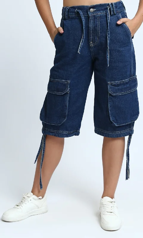 o198160 Casual Multi-Pocket Short with Side Drawstring - Dark Jeans Stylish Tapered Fit Jeans