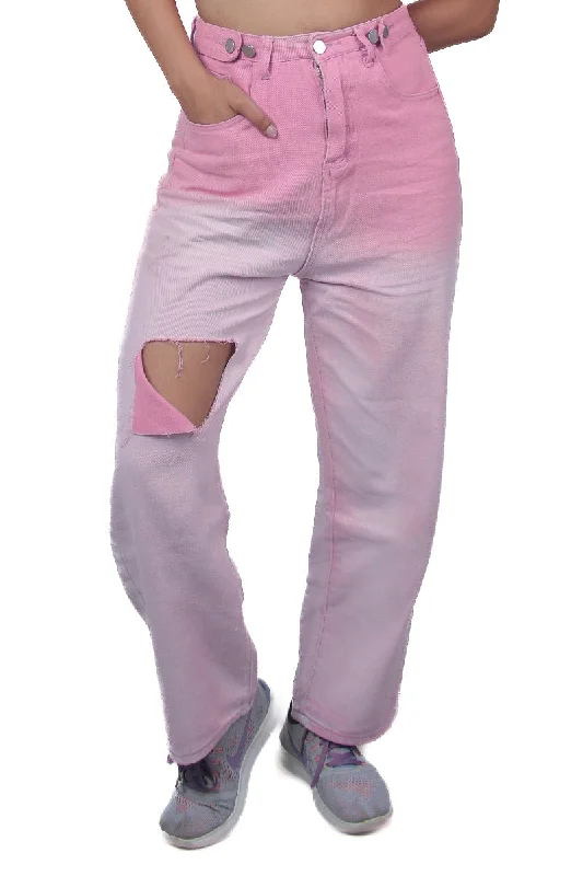 Pink High rise boy fit women jeans Trendy Patchwork Denim Jeans