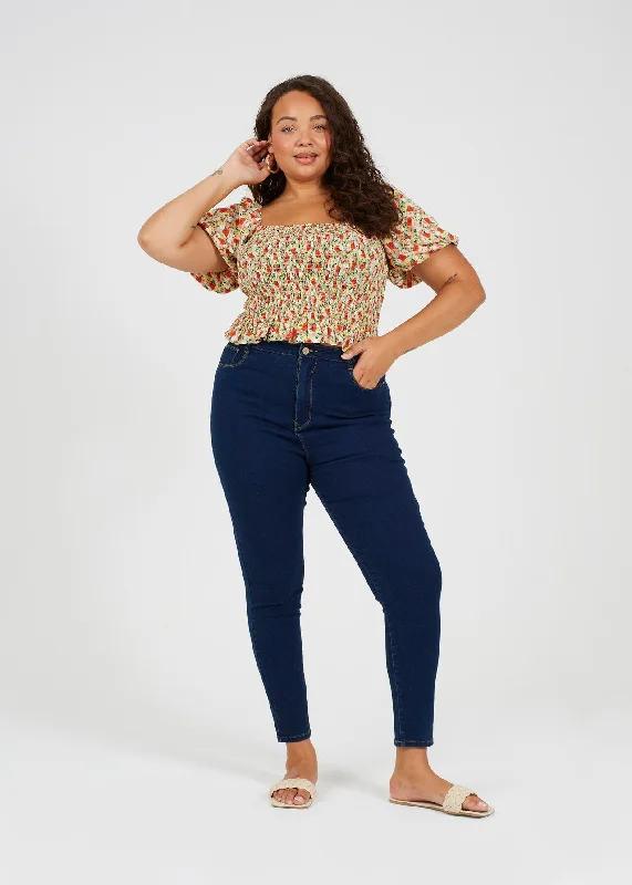 PLUS SIZE PLAIN MID BLUE SKINNY FITTED JEANS Fashionable Straight Cut Jeans