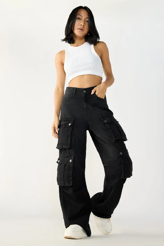Raven Black Denim Cargo Jeans Stylish High-Waist Skinny Denim