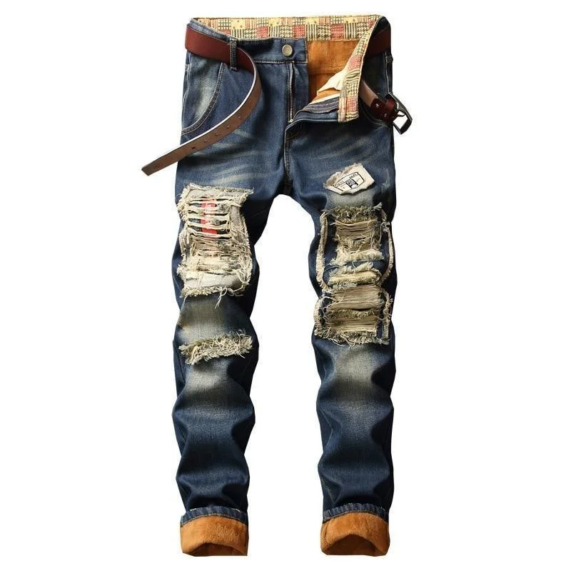 Ripped Fleece Winter Jeans For Men Comfortable Faded High-Rise Jeans