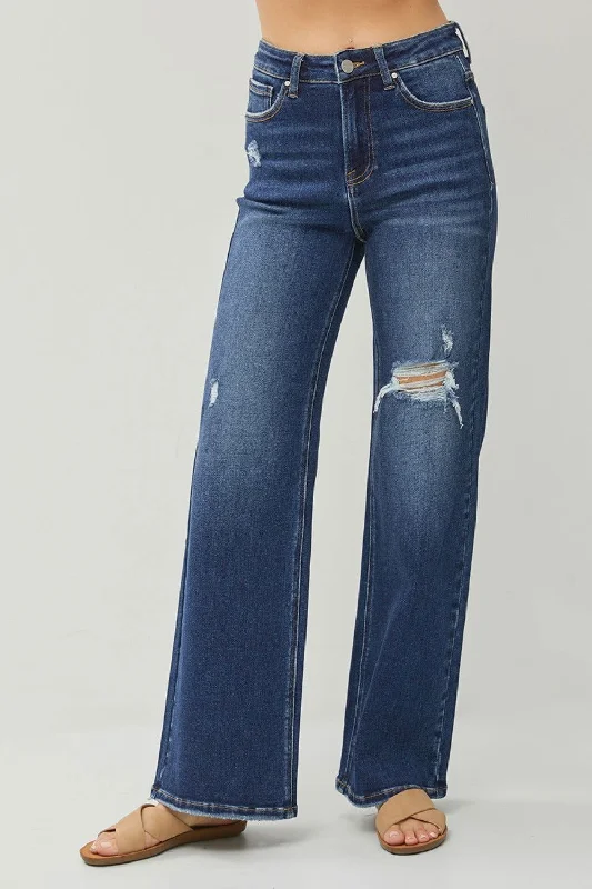 RISEN Full Size High Rise Distressed Wide Leg Jeans Fashionable Raw Edge Jeans