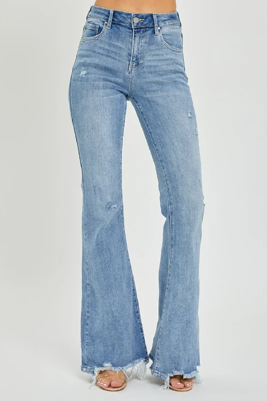 Risen Full Size High Rise Frayed Hem Flare Jeans Chic Ripped Jeans