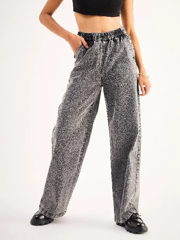 Women Grey High Waist Elasticated Jeans Trendy Flared Leg Jeans